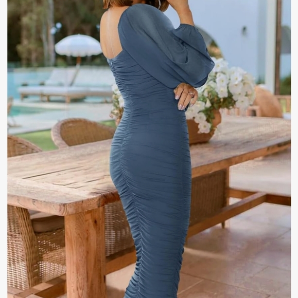 Sexy Ruched Bodycon Midi dress in blue with long Puff sleeve square neck size XL - Picture 4 of 6